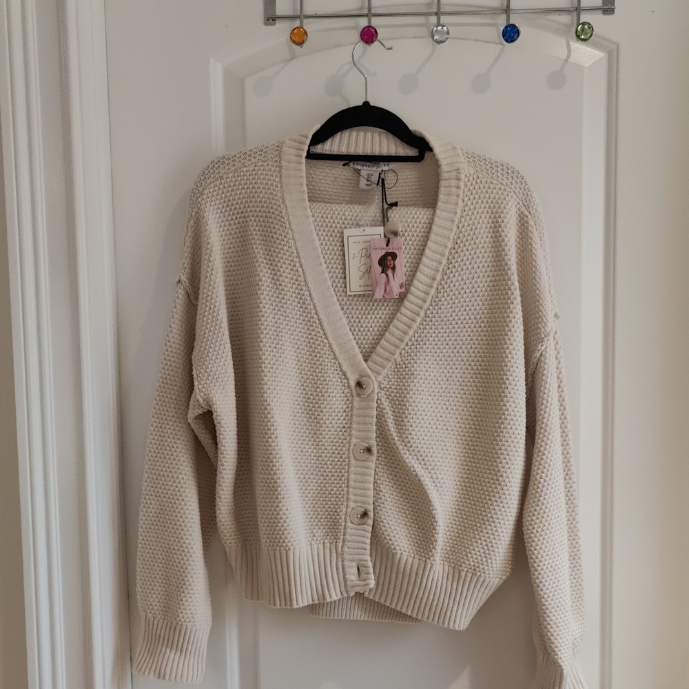 Sincerely Jules Cream Button-Up V-Neck Knit Cardigan and pants Set NWT